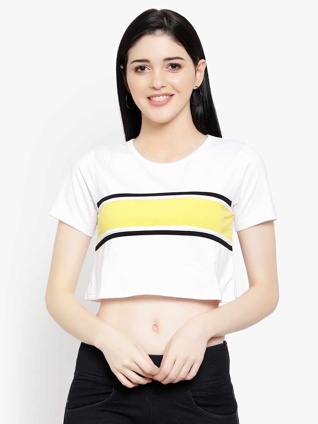 

LE BOURGEOIS Round Neck Striped Crop Top, White