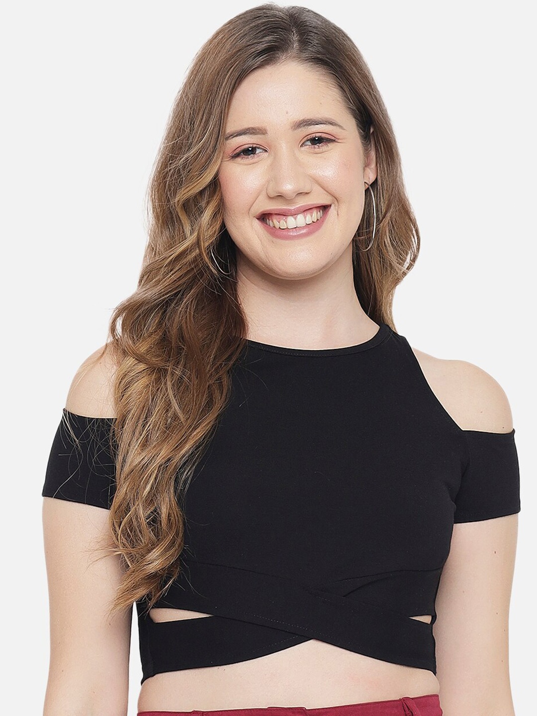 

LE BOURGEOIS Cold-Shoulder Sleeves Crop Top, Black