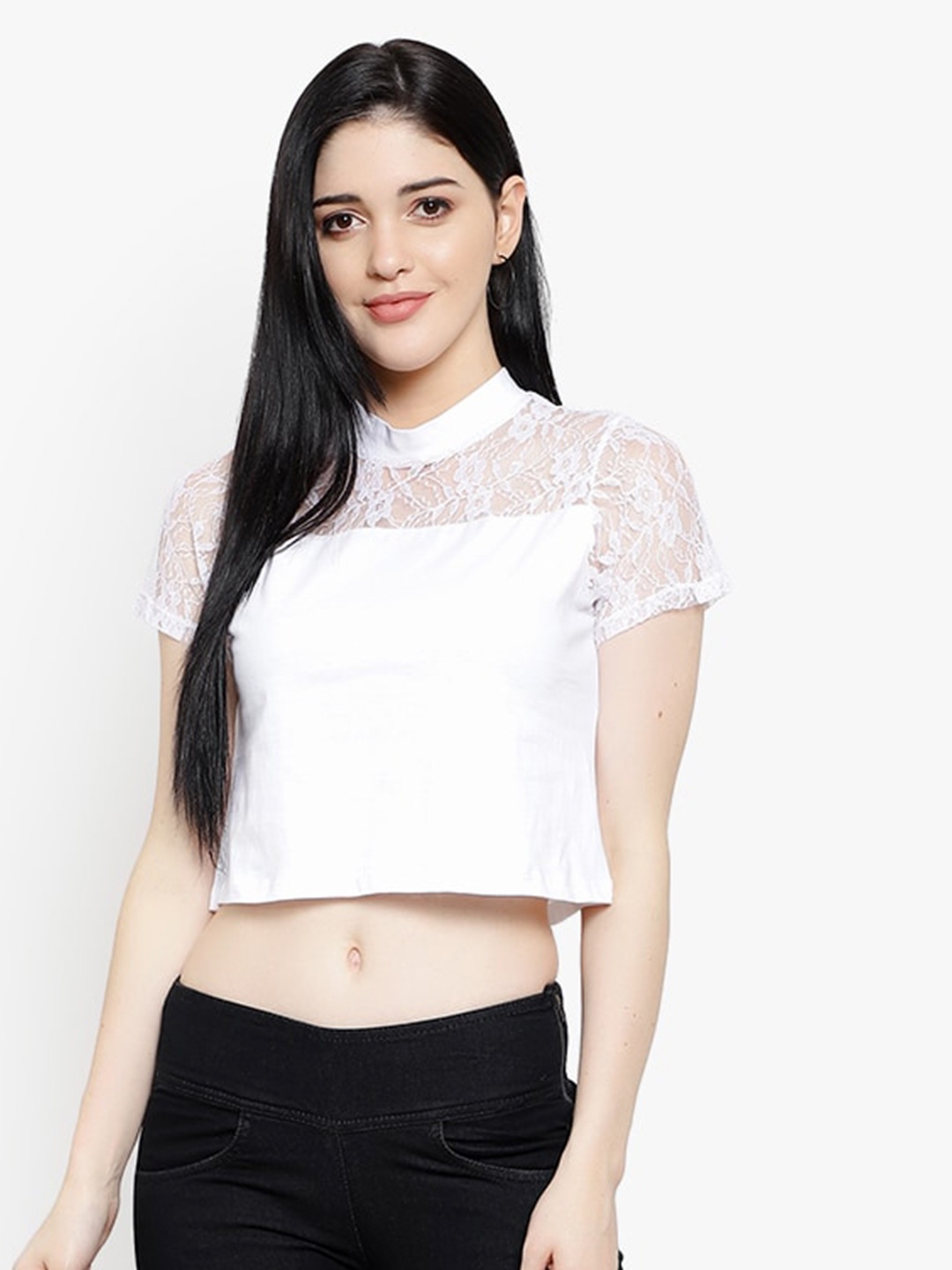 

LE BOURGEOIS Lace-Up Detail High Neck Crop Top, White