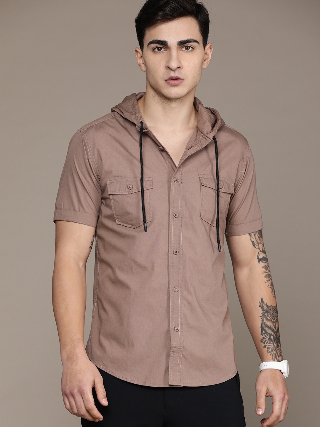 

The Roadster Lifestyle Co. Cotton Hooded Casual Shirt, Mauve