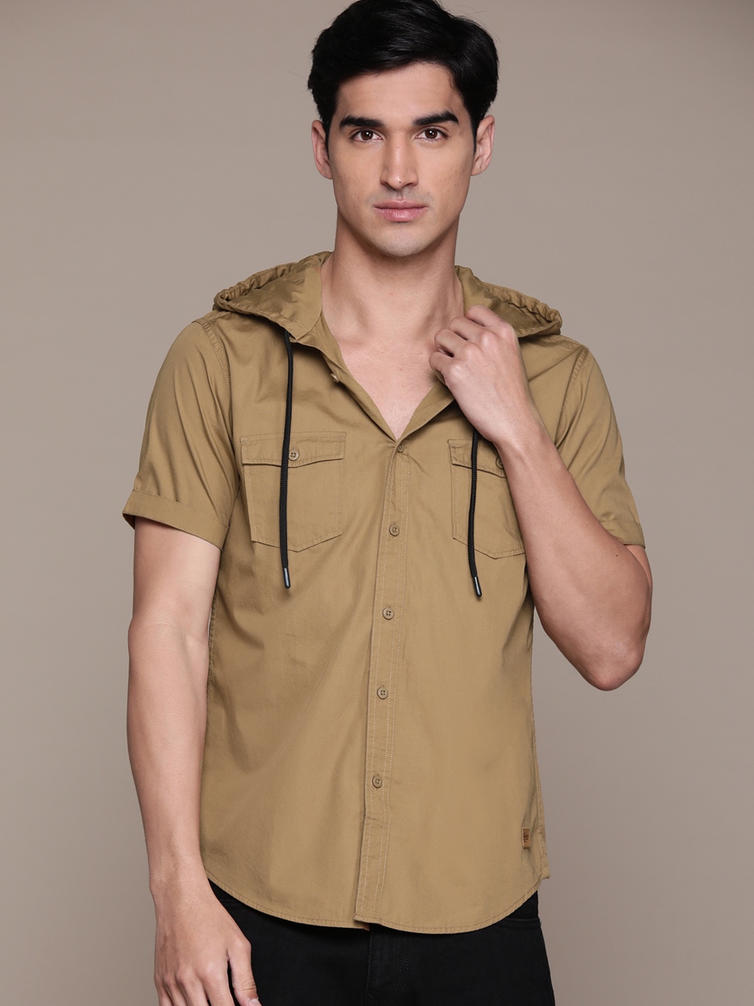 

The Roadster Lifestyle Co. Men Hooded Pure Cotton Casual Shirt, Khaki