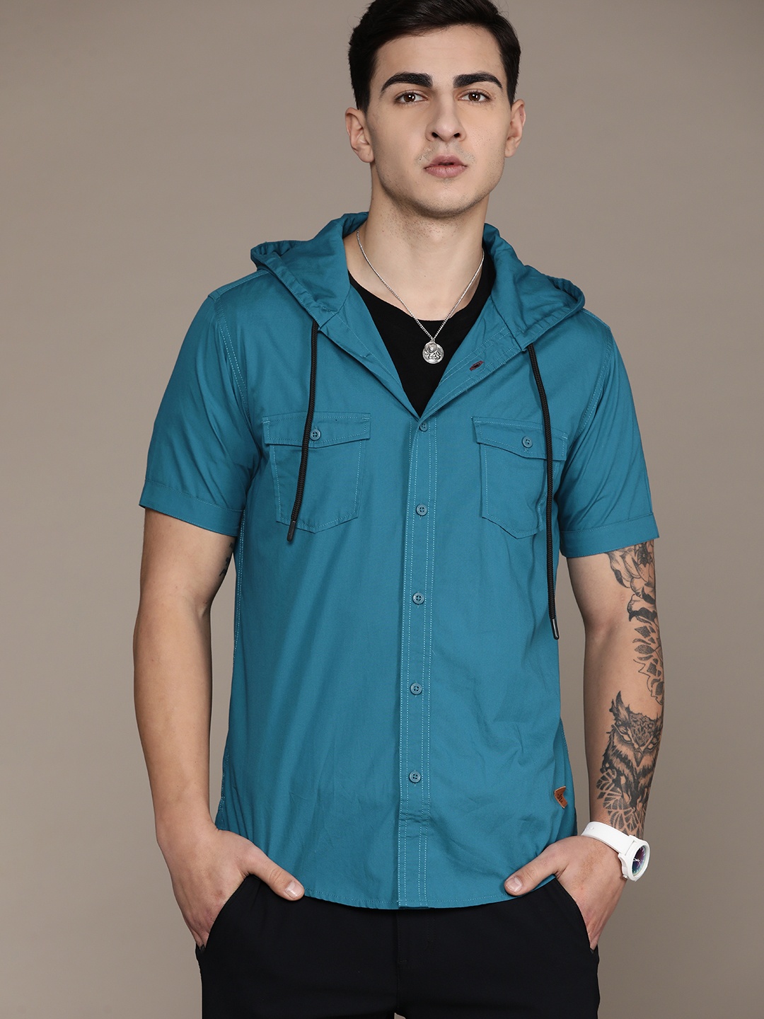 

The Roadster Lifestyle Co. Cotton Hooded Casual Shirt, Blue