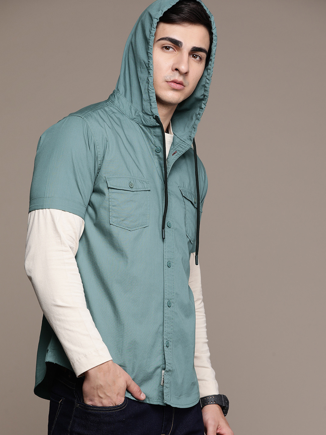 

The Roadster Lifestyle Co. Solid Pure Cotton Hooded Casual Shirt, Blue
