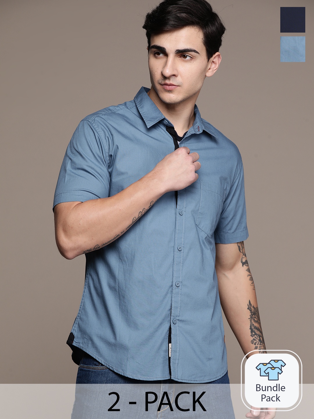 

The Roadster Lifestyle Co. Pack of 2 Cotton Poplin Casual Shirt, Blue