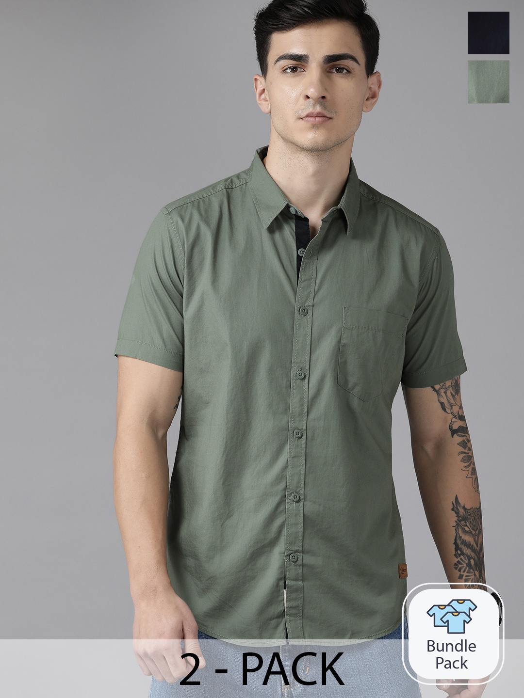 

The Roadster Lifestyle Co. Pack of 2 Pure Cotton Casual Shirt, Olive