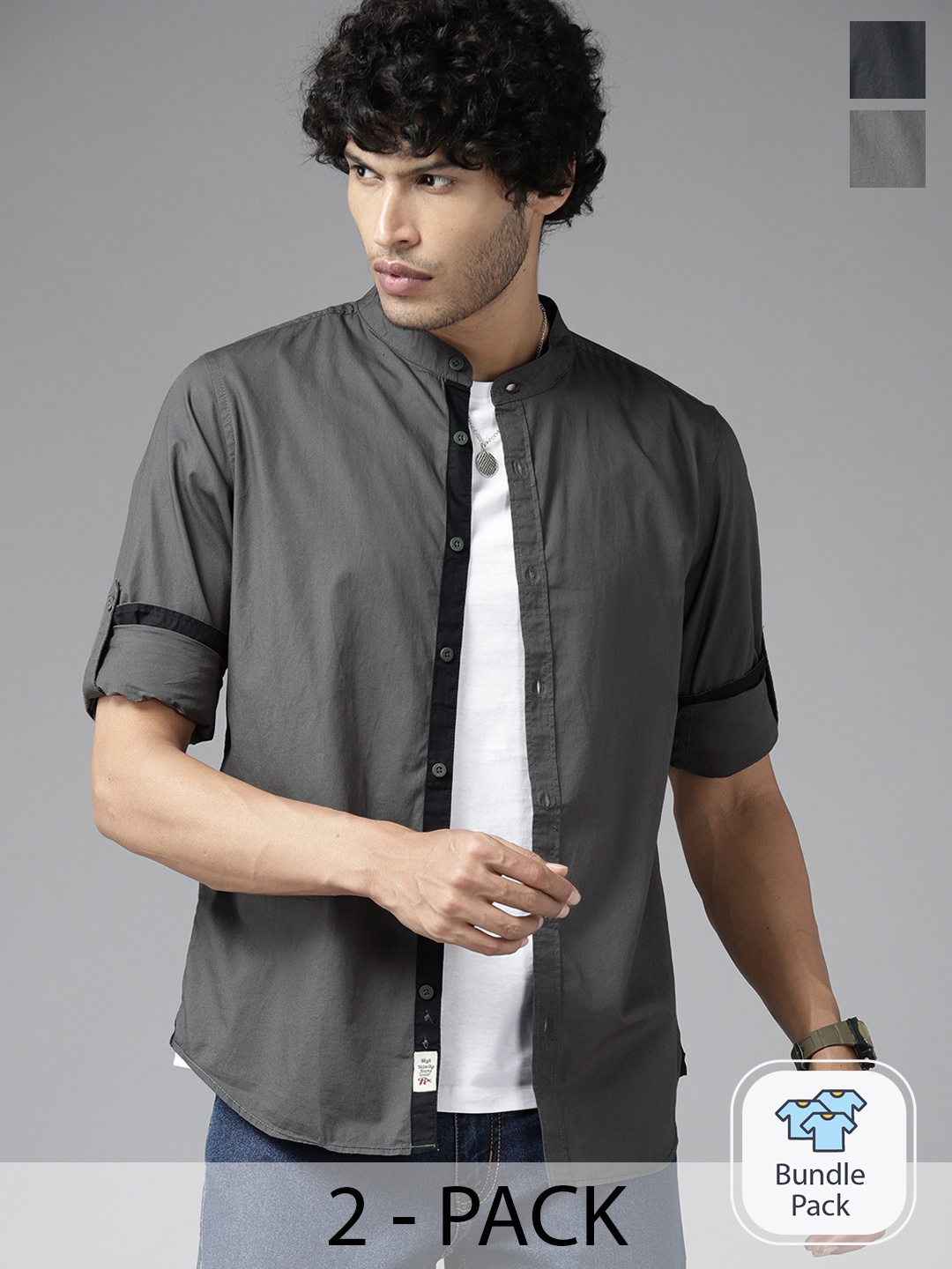

The Roadster Lifestyle Co. Pack of 2 Pure Cotton Casual Shirts, Grey