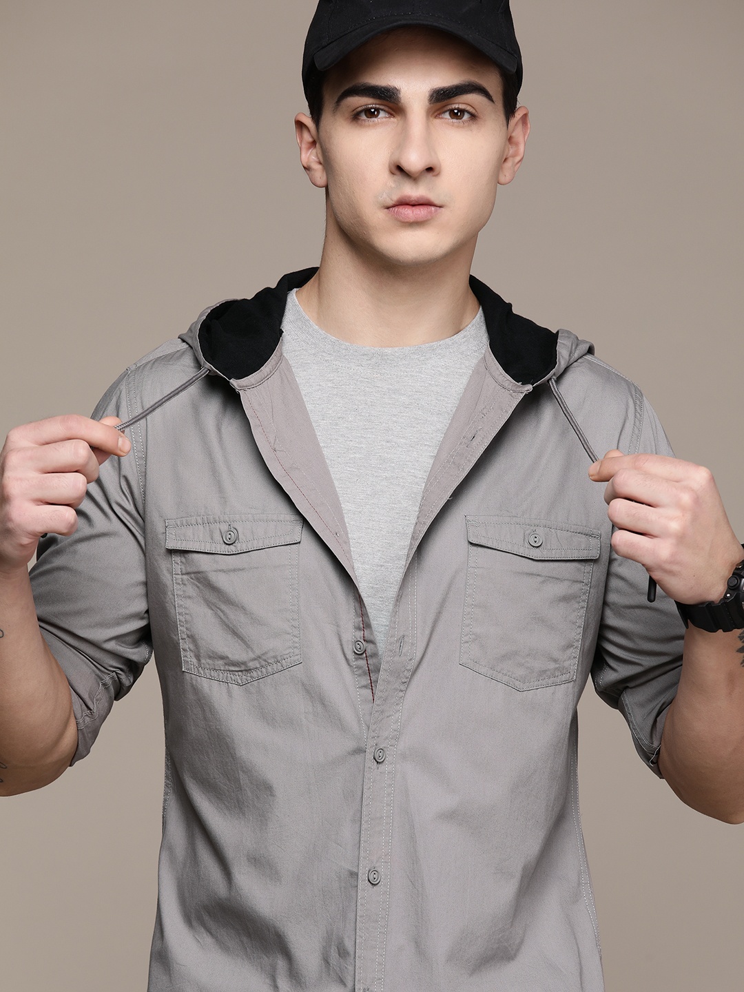 

The Roadster Lifestyle Co. Cotton Hooded Casual Shirt, Grey