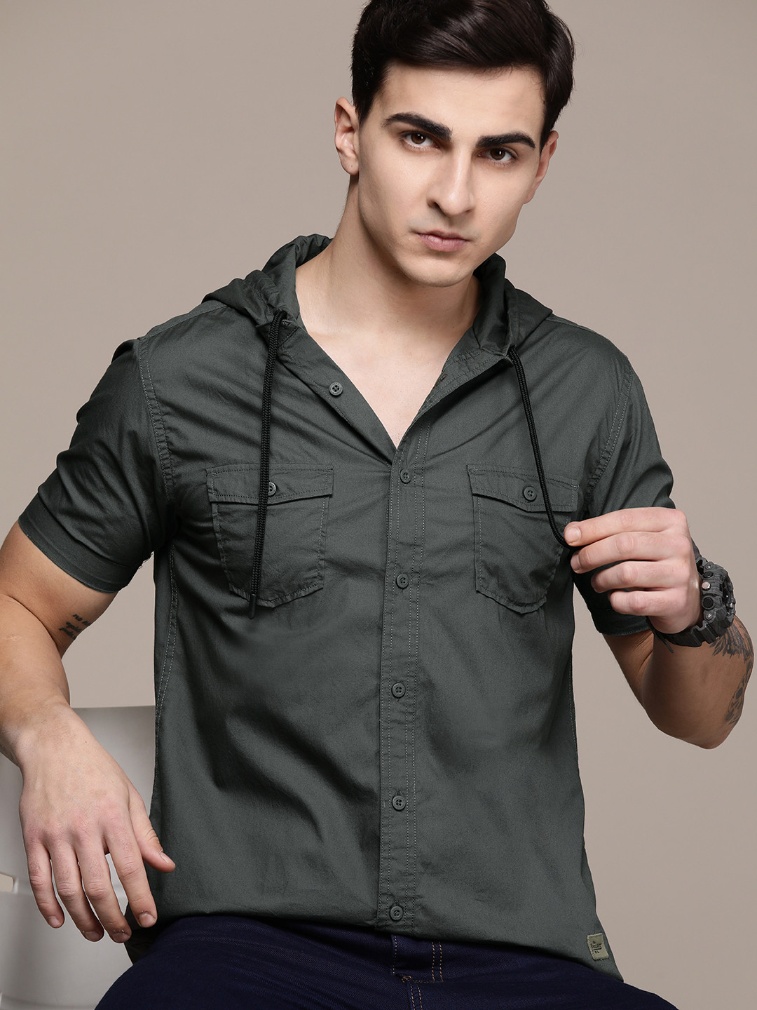 

The Roadster Lifestyle Co. Hooded Pure Cotton Casual Shirt, Grey