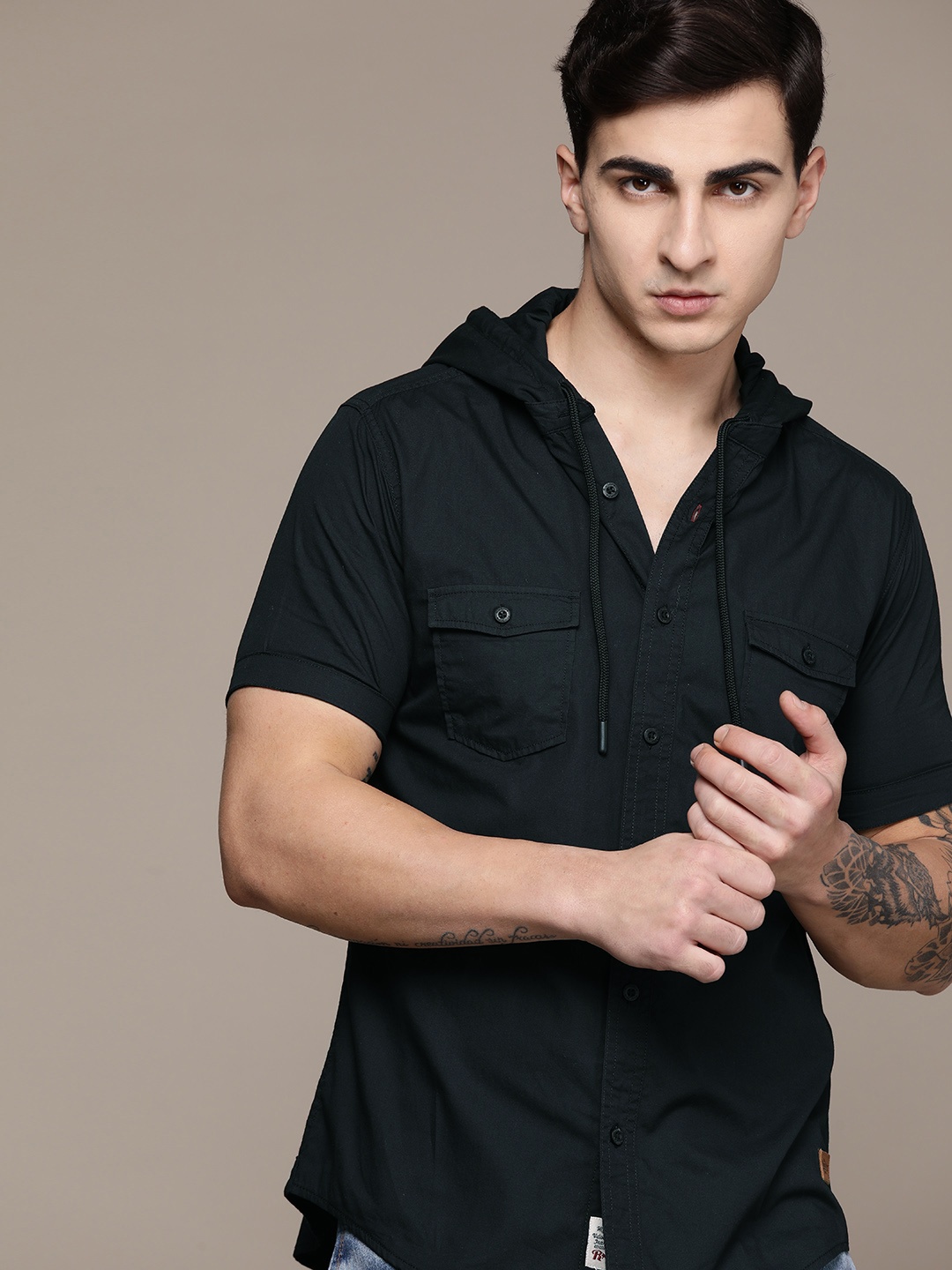 

The Roadster Lifestyle Co. Hooded Pure Cotton Casual Shirt, Black