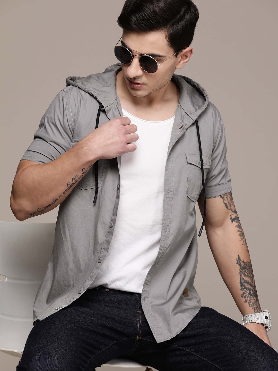 

The Roadster Lifestyle Co. Hooded Pure Cotton Casual Shirt, Grey