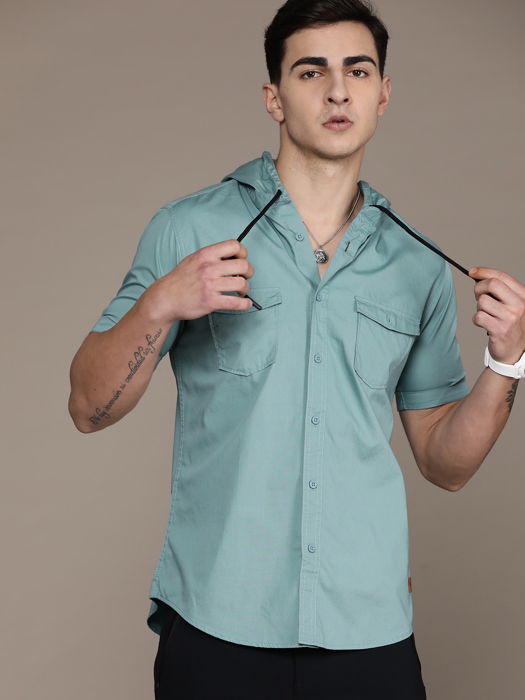 

The Roadster Lifestyle Co. Cotton Hooded Casual Shirt, Blue