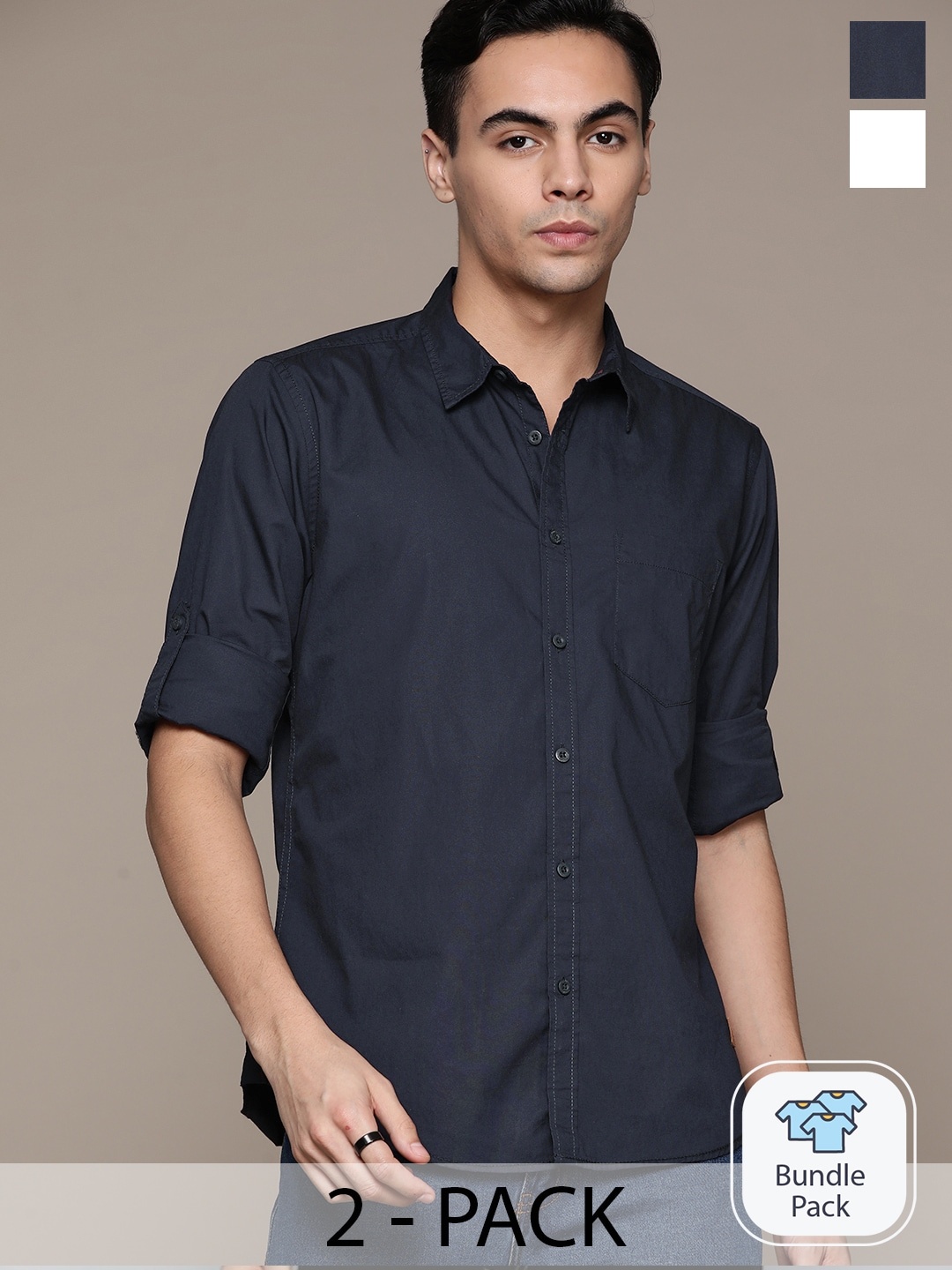 

The Roadster Lifestyle Co. Pack of 2 Cotton Casual Shirts, Navy blue