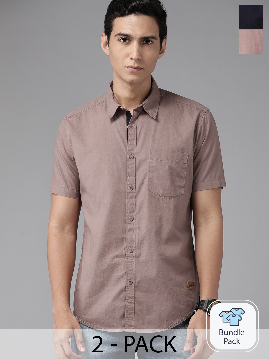 

The Roadster Lifestyle Co. Pack of 2 Cotton Casual Shirts, Taupe