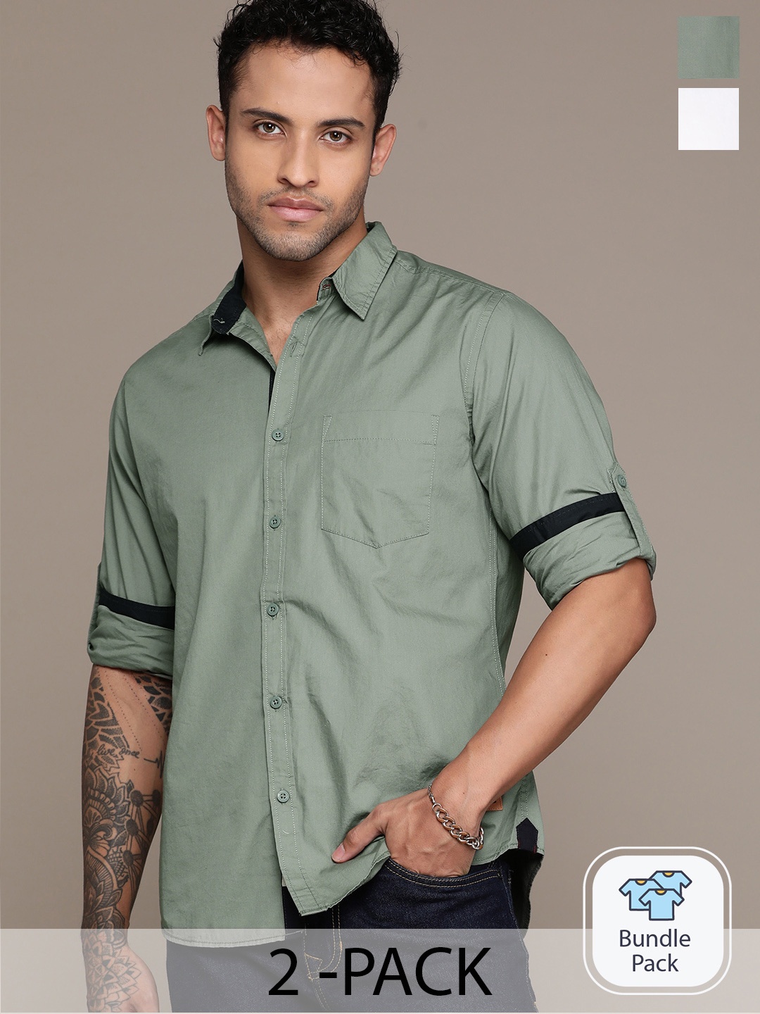 

The Roadster Lifestyle Co. Pack of 2 Cotton Casual Shirt, Green