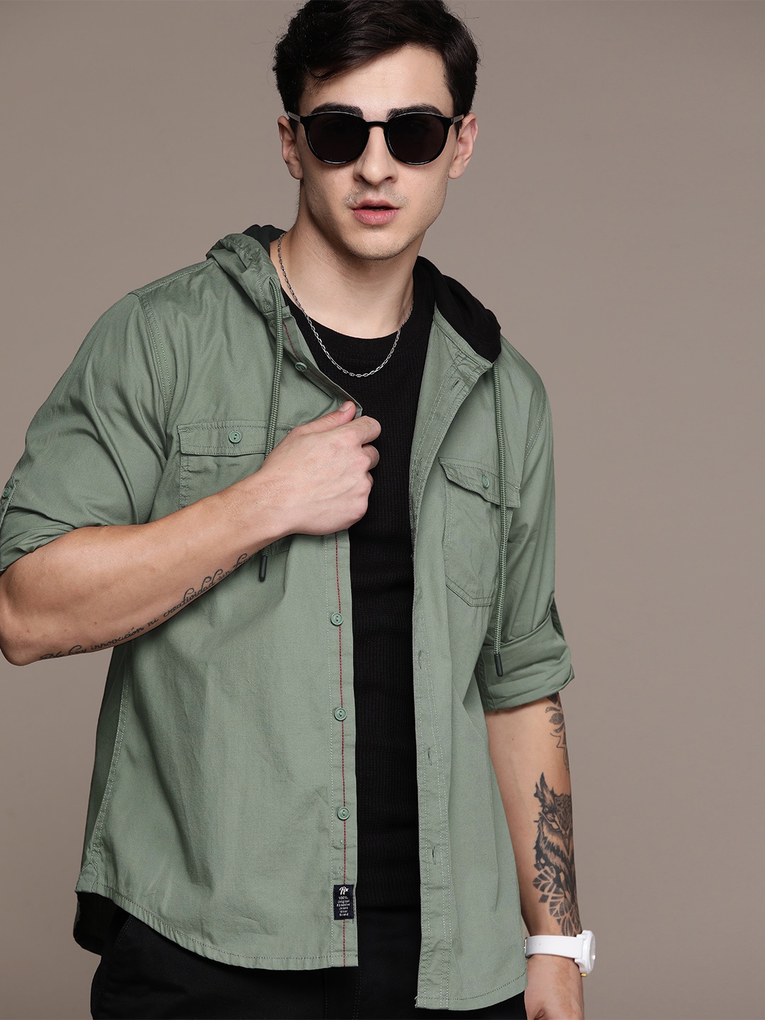 

The Roadster Lifestyle Co. Pure Cotton Hooded Casual Shirt, Green