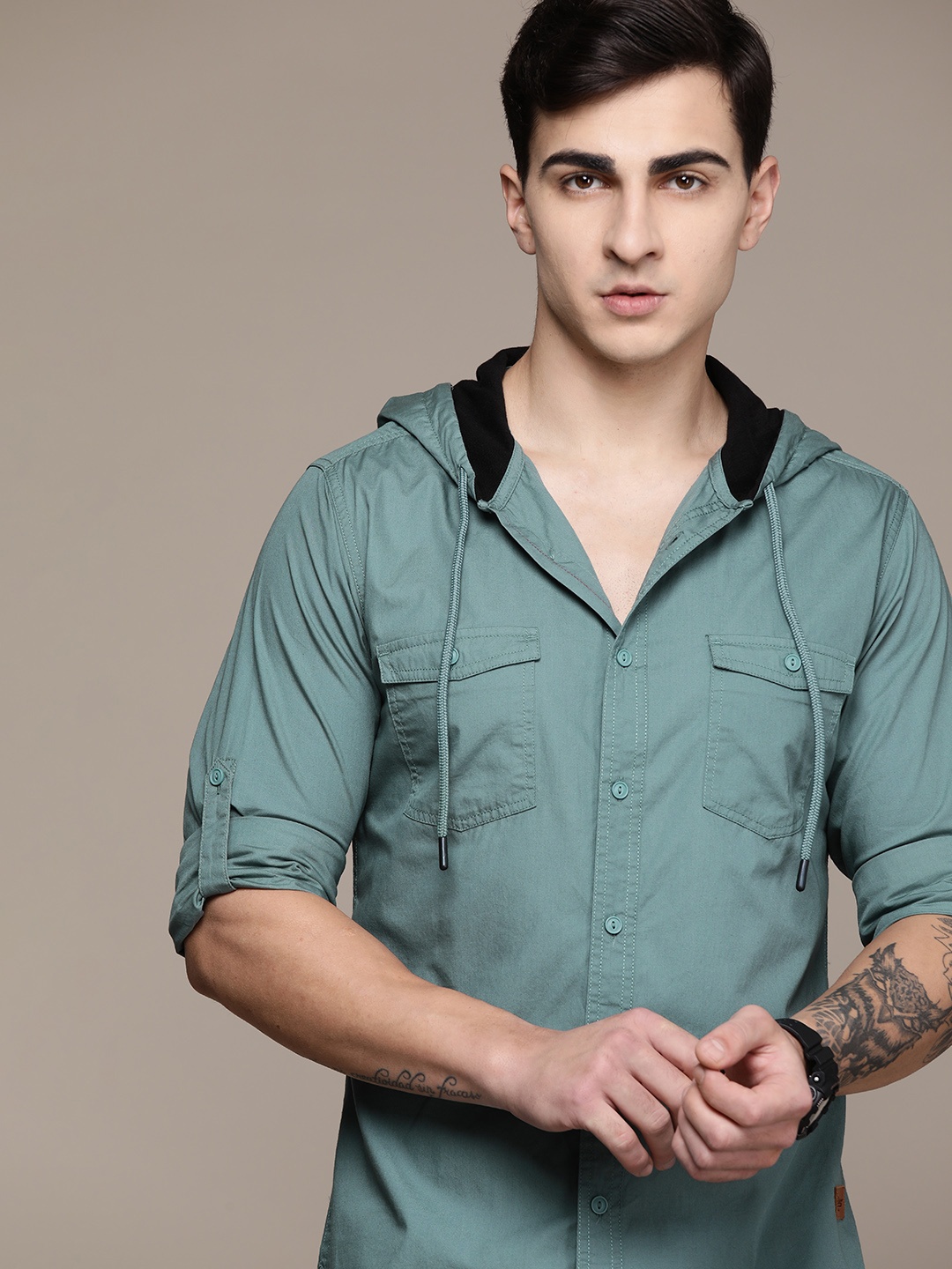 

The Roadster Lifestyle Co. Cotton Hooded Casual Shirt, Green