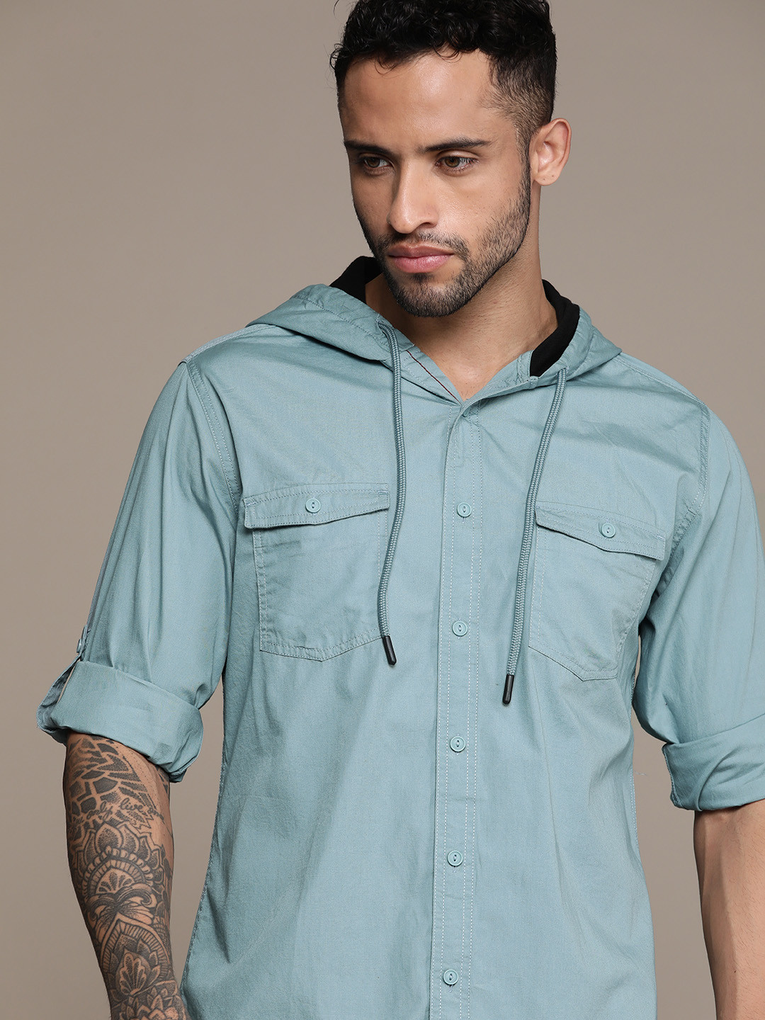 

The Roadster Lifestyle Co. Cotton Hooded Casual Shirt, Green
