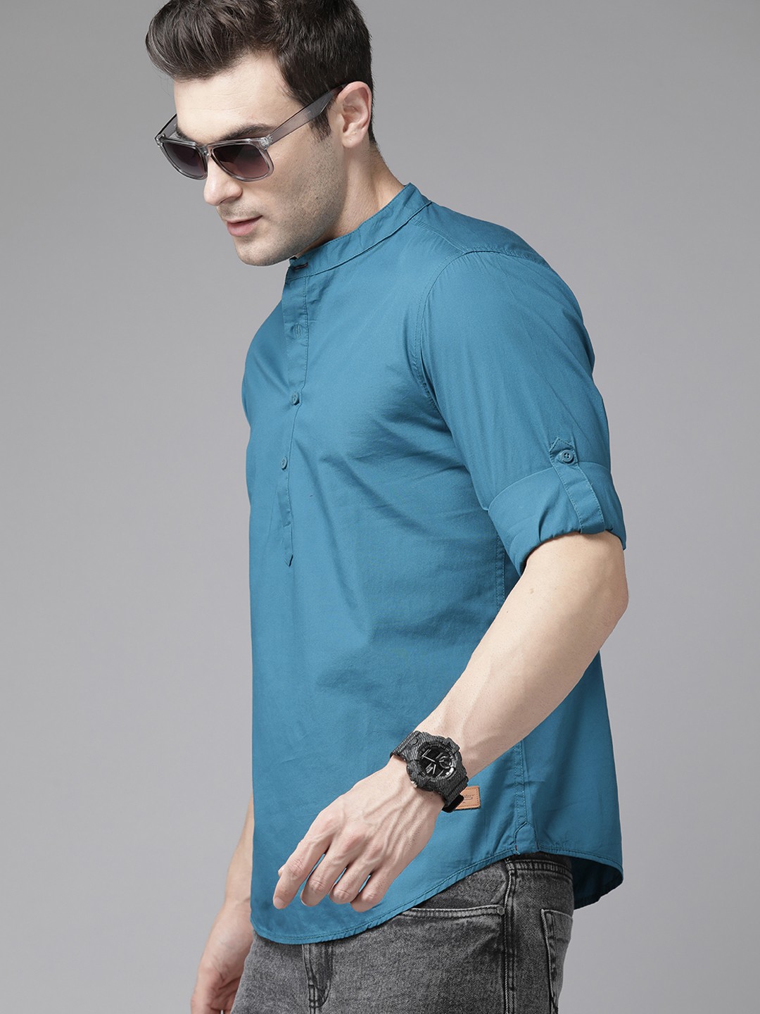 

The Roadster Lifestyle Co. Pure Cotton Band Collar Half Button Placket Casual Shirt, Teal