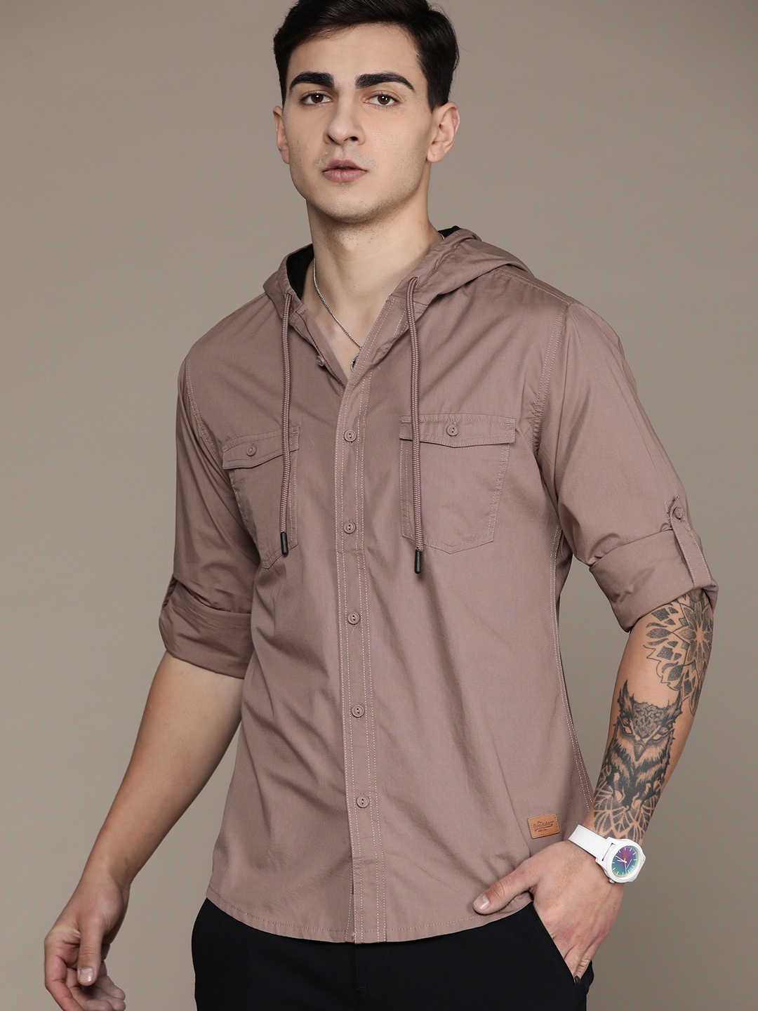 

The Roadster Lifestyle Co. Cotton Hooded Casual Shirt, Mauve