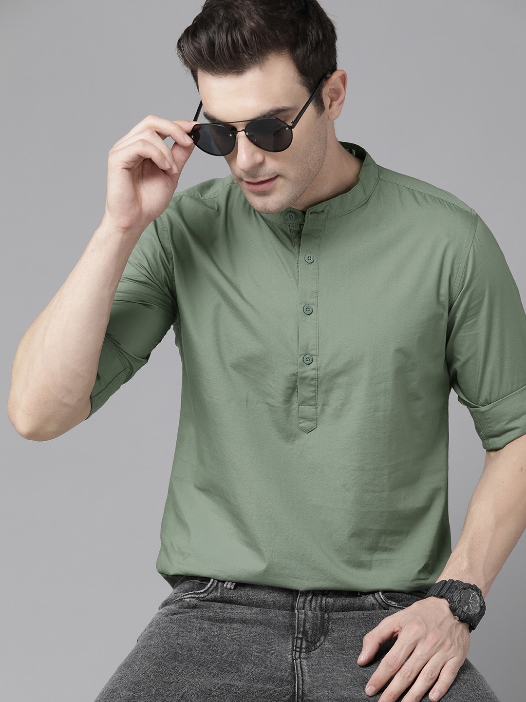 

The Roadster Lifestyle Co. Pure Cotton Band Collar Half Button Placket Casual Shirt, Green