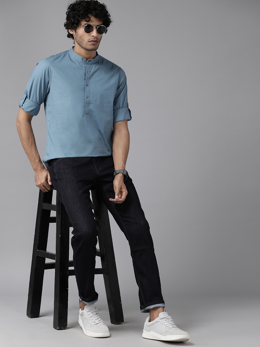 

The Roadster Lifestyle Co. Mandarin Collar Roll-Up Sleeves Pure Cotton Opaque Casual Shirt, Teal