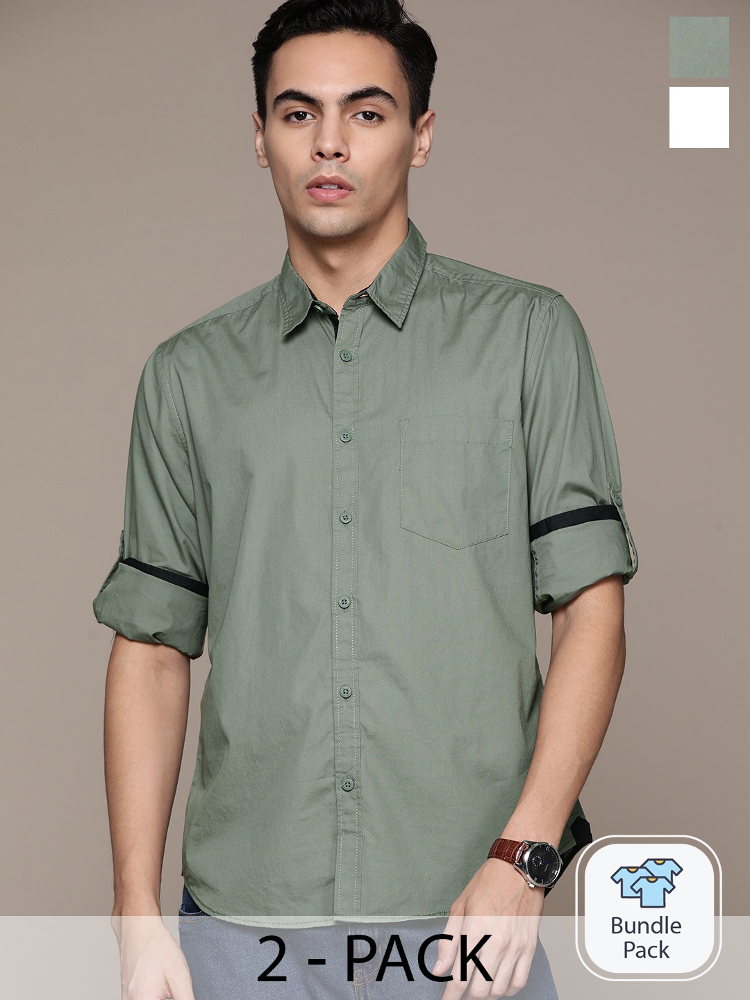 

The Roadster Lifestyle Co. Pack of 2 Cotton Casual Shirts, Green