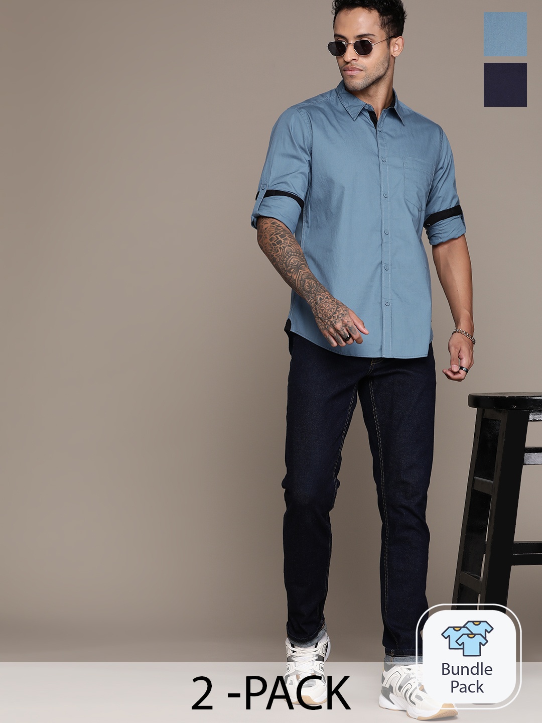 

The Roadster Lifestyle Co. Pack of 2 Cotton Casual Shirt, Blue