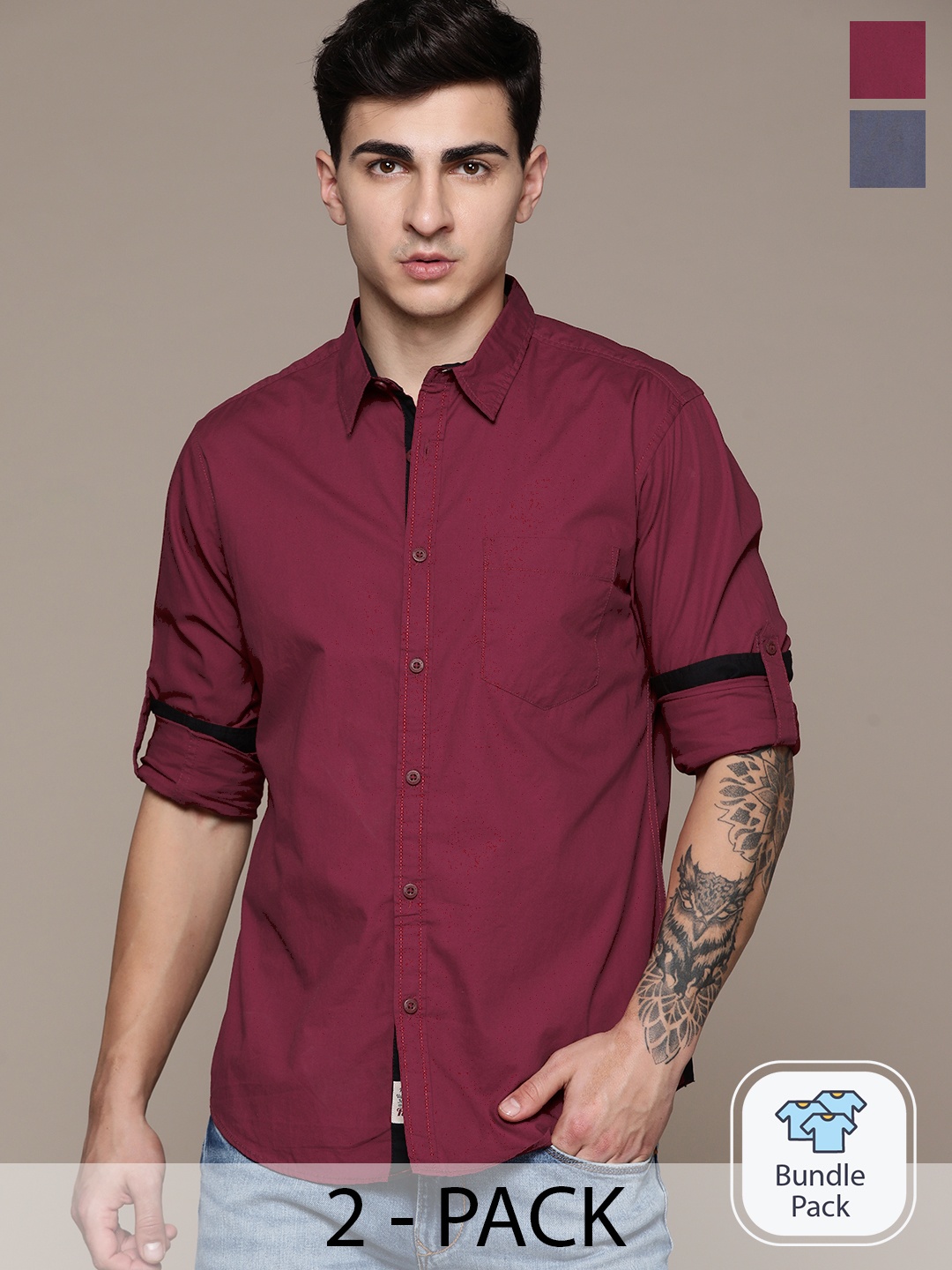 

The Roadster Lifestyle Co. Pack of 2 Cotton Casual Shirts, Maroon