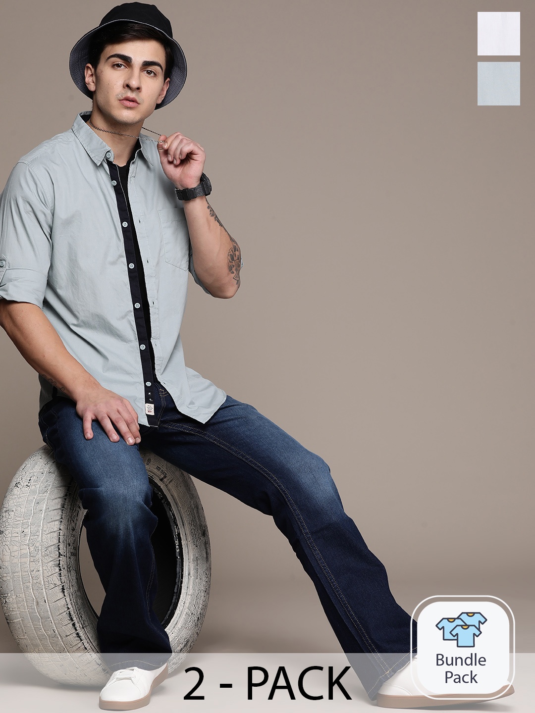 

The Roadster Lifestyle Co. Pack of 2 Pure Cotton Poplin Casual Shirts, Blue