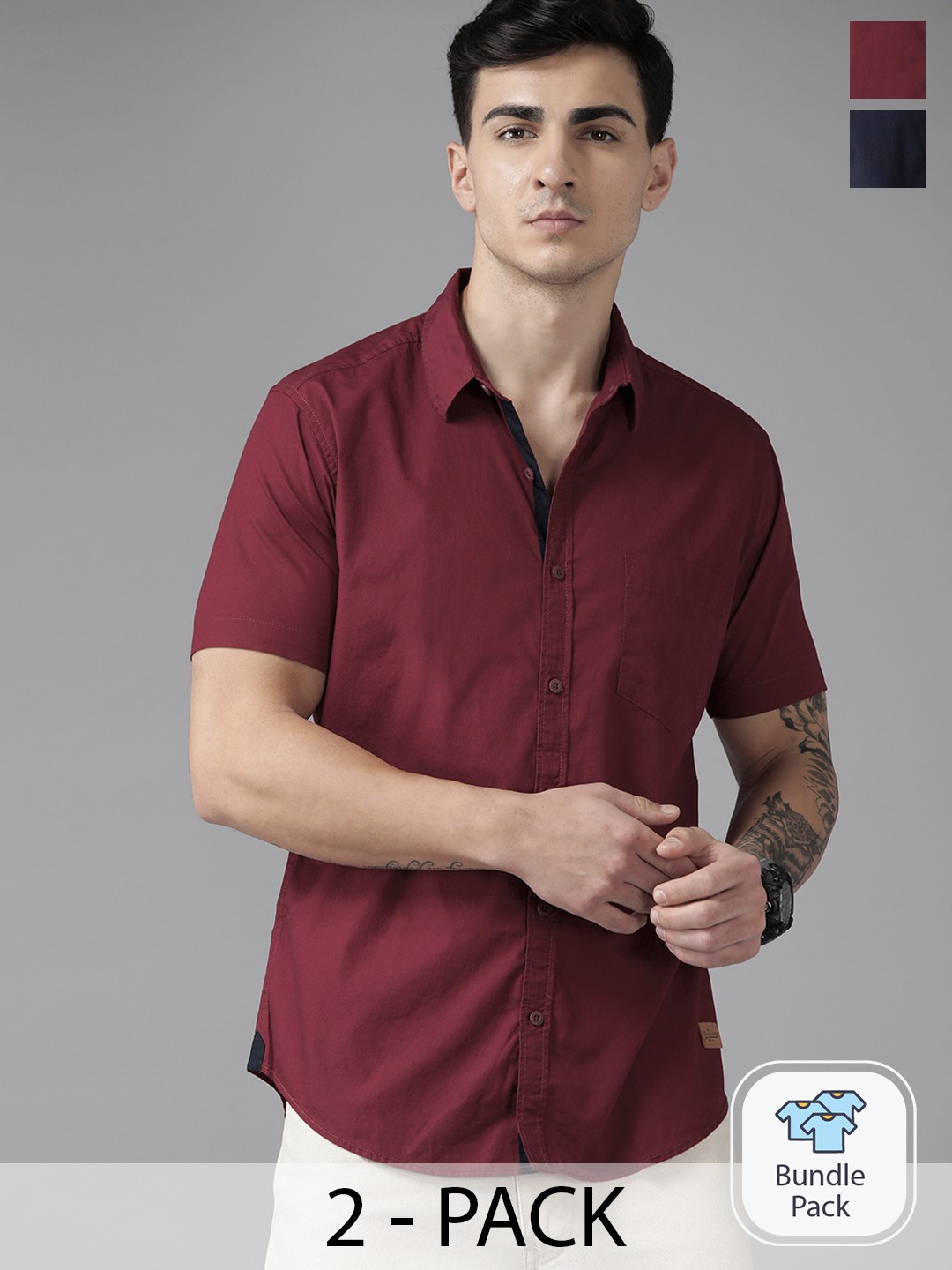 

Roadster Pack of 2 Pure Cotton Casual Shirt, Maroon