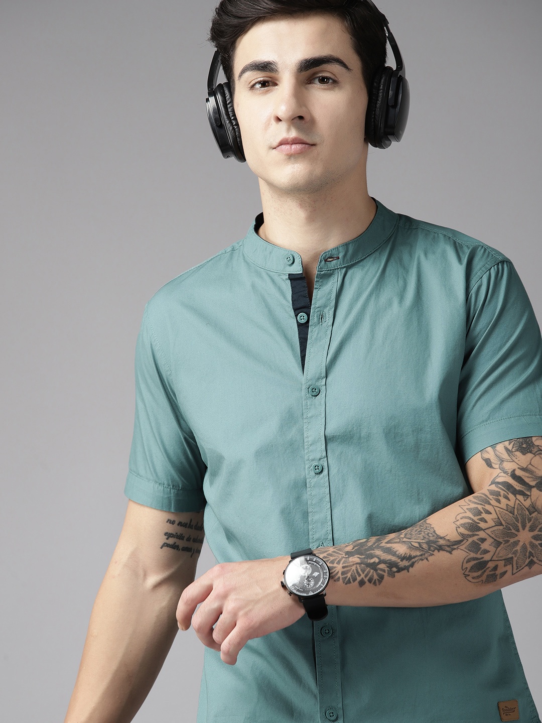 

The Roadster Lifestyle Co. Band Collar Pure Cotton Casual Shirt, Blue