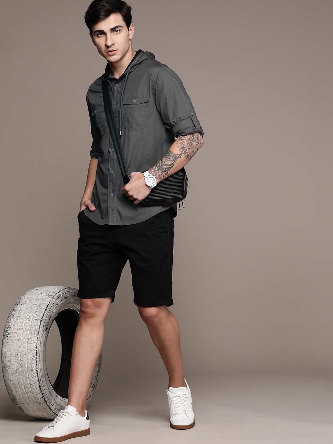 

The Roadster Lifestyle Co. Cotton Poplin Hooded Casual Shirt, Charcoal