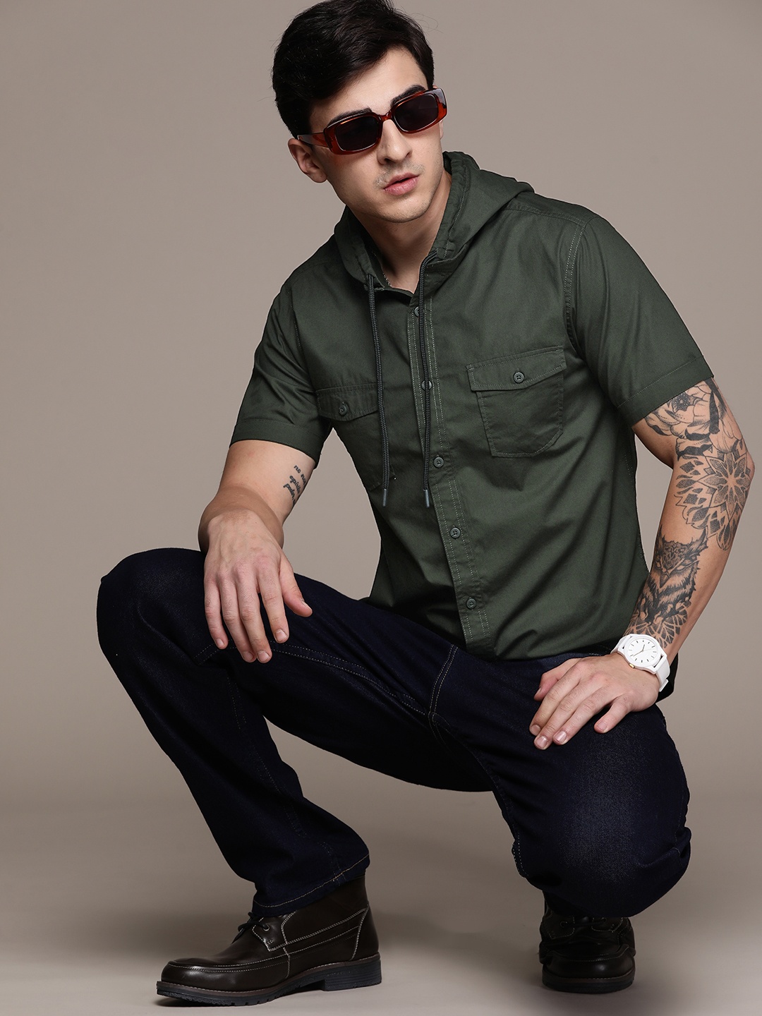 

The Roadster Lifestyle Co. Pure Cotton Hooded Casual Shirt, Olive