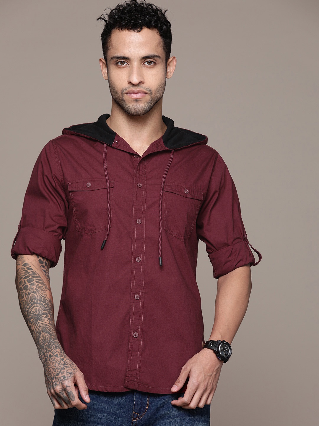 

The Roadster Lifestyle Co. Hooded Cotton Poplin Shirt, Maroon