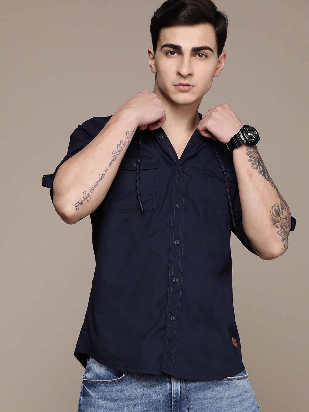 

The Roadster Lifestyle Co. Cotton Hooded Casual Shirt, Navy blue