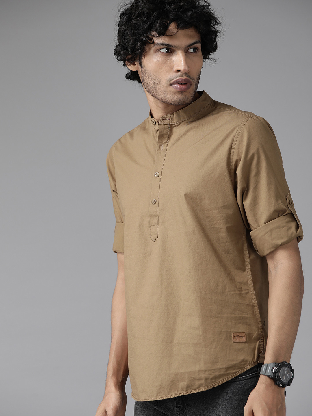 

The Roadster Lifestyle Co. Mandarin Collar Roll-Up Sleeves Pure Cotton Opaque Casual Shirt, Khaki