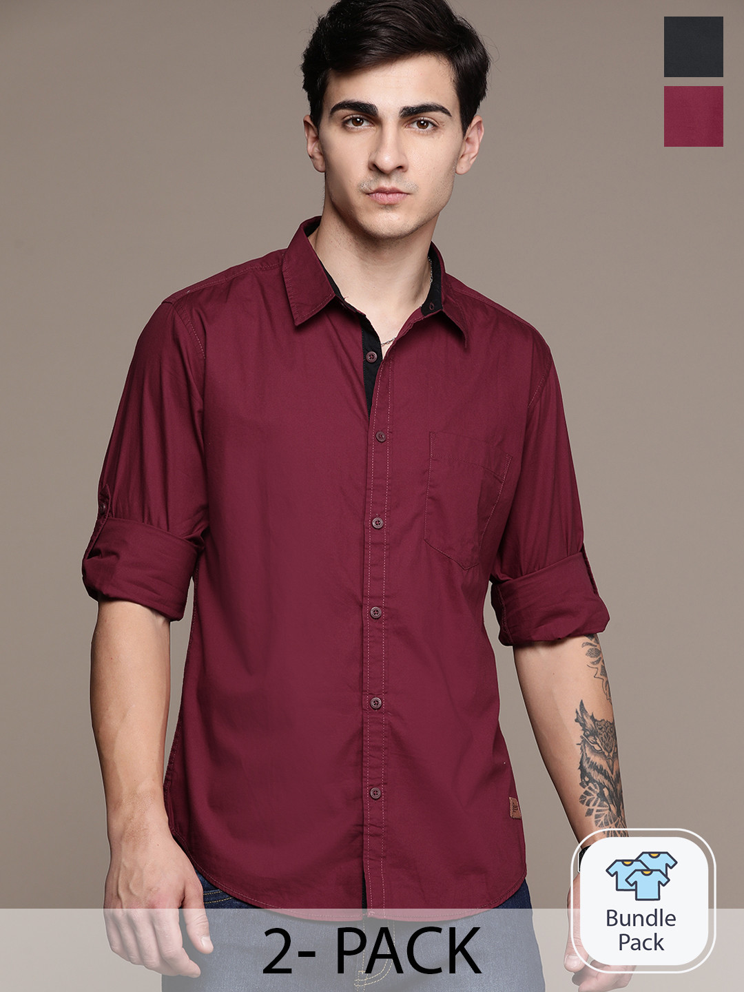 

The Roadster Lifestyle Co. Pack of 2 Roll-Up Sleeves Pure Cotton Casual Shirt, Maroon