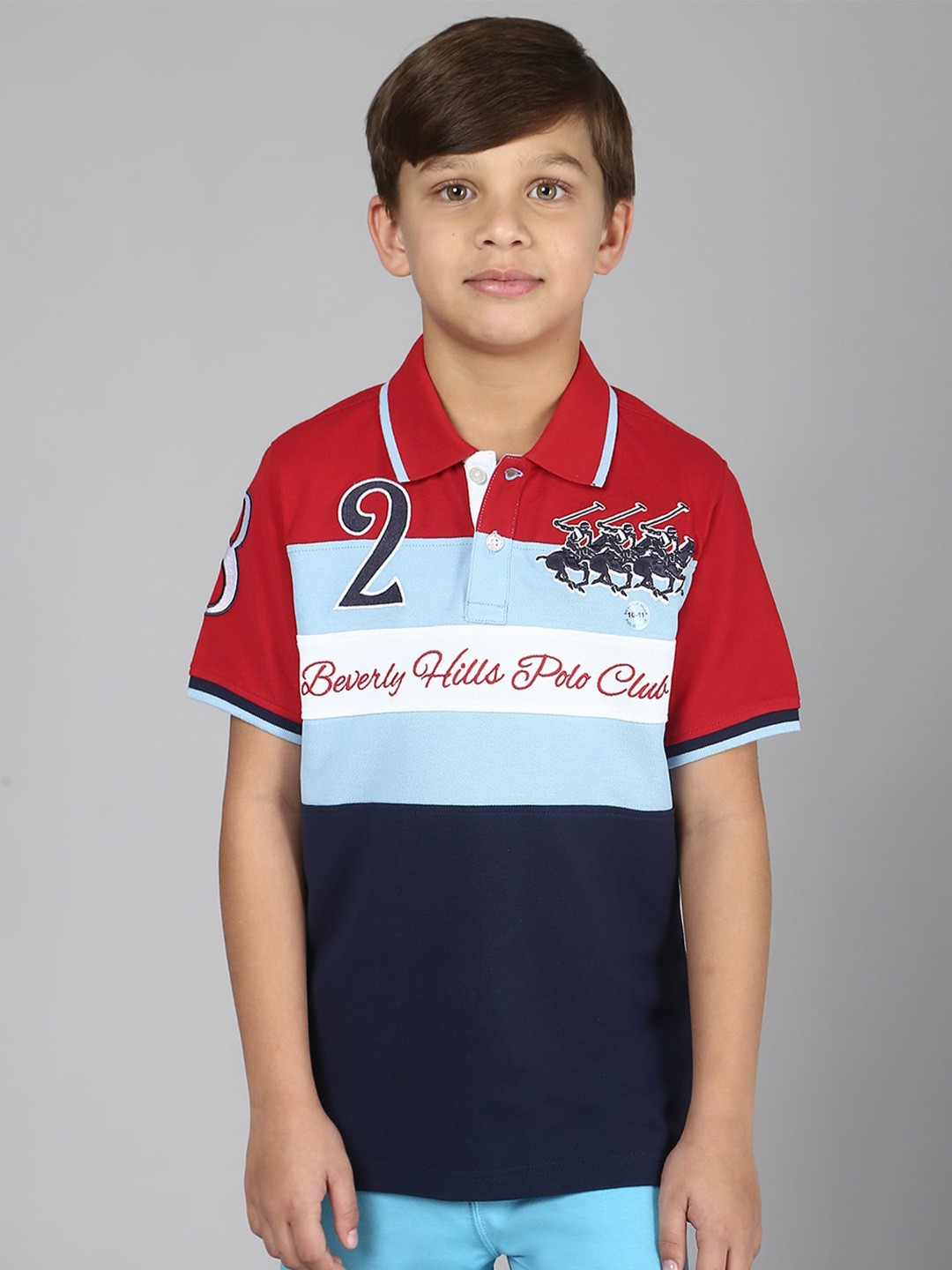 

Beverly Hills Polo Club Boys Colourblocked Polo Collar Applique Pure Cotton T-shirt, Red