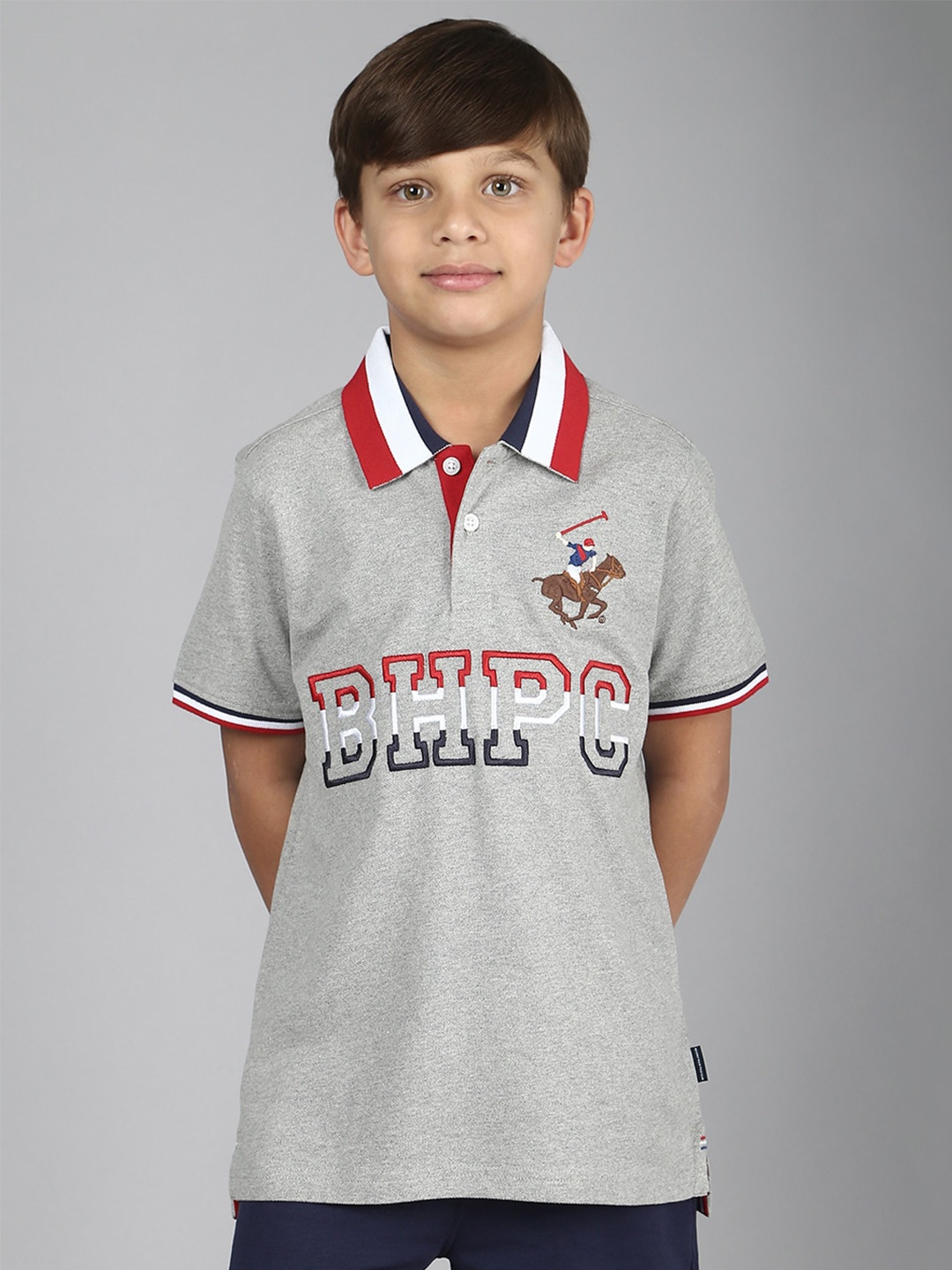

Beverly Hills Polo Club Boys Embroidered Polo Collar Pure Cotton T-shirt, Grey melange