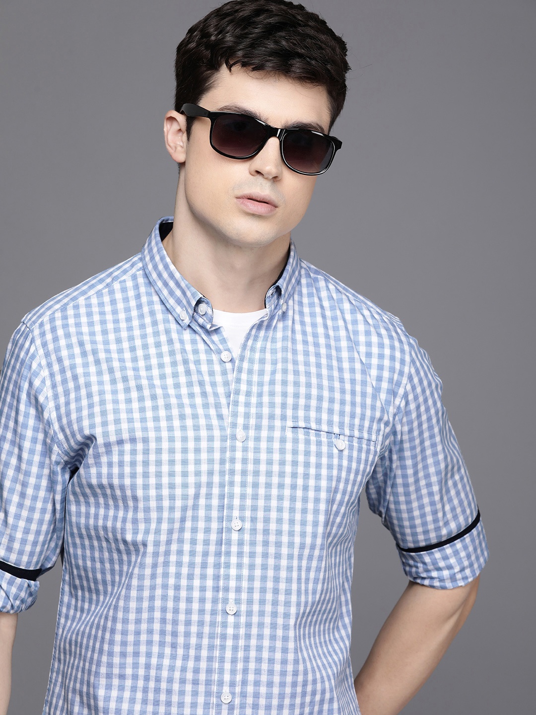 

Kenneth Cole Men Pure Cotton Slim Fit Checked Casual Shirt, Blue