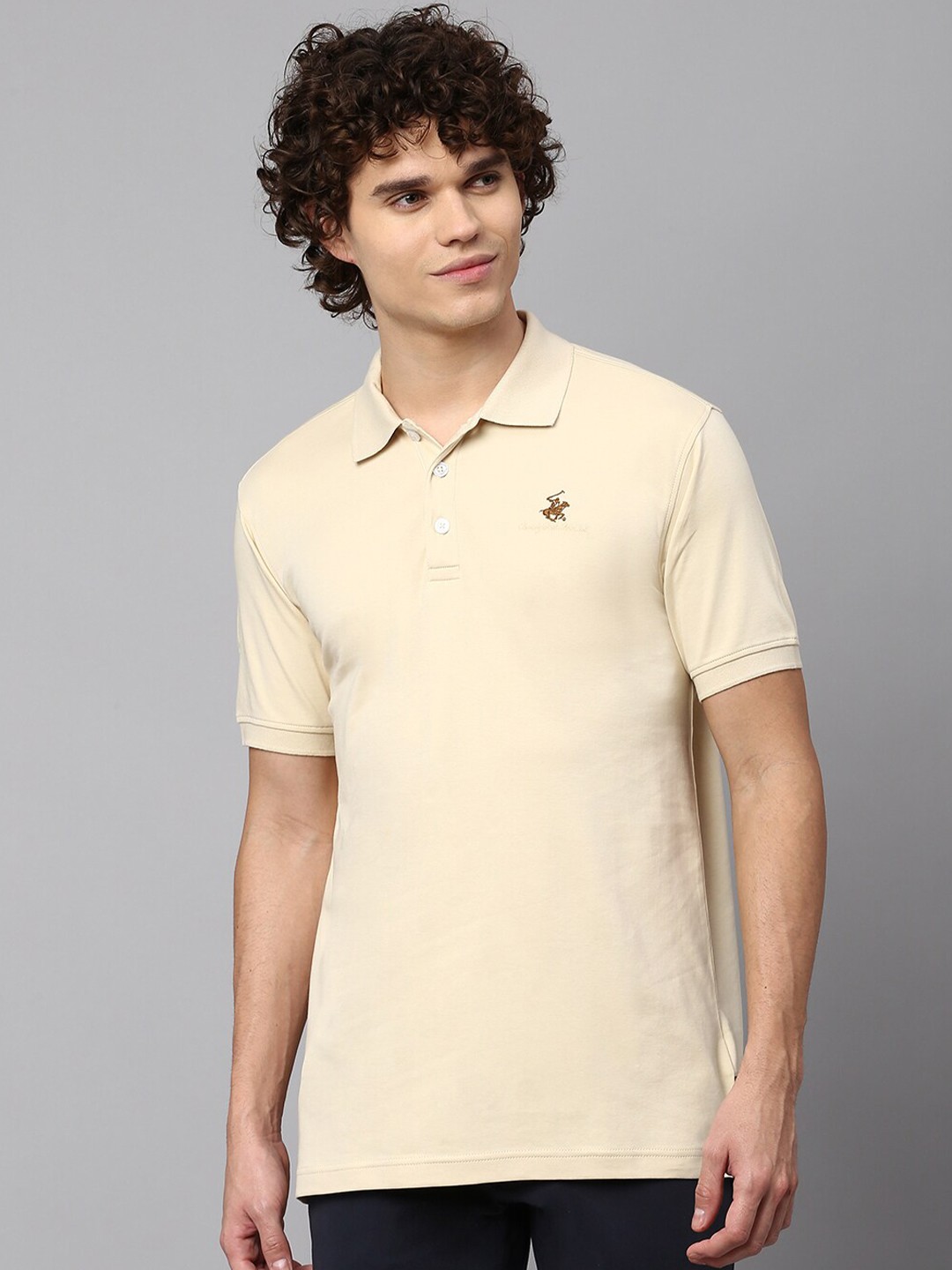 

Beverly Hills Polo Club Men Beige Polo Collar Applique T-shirt