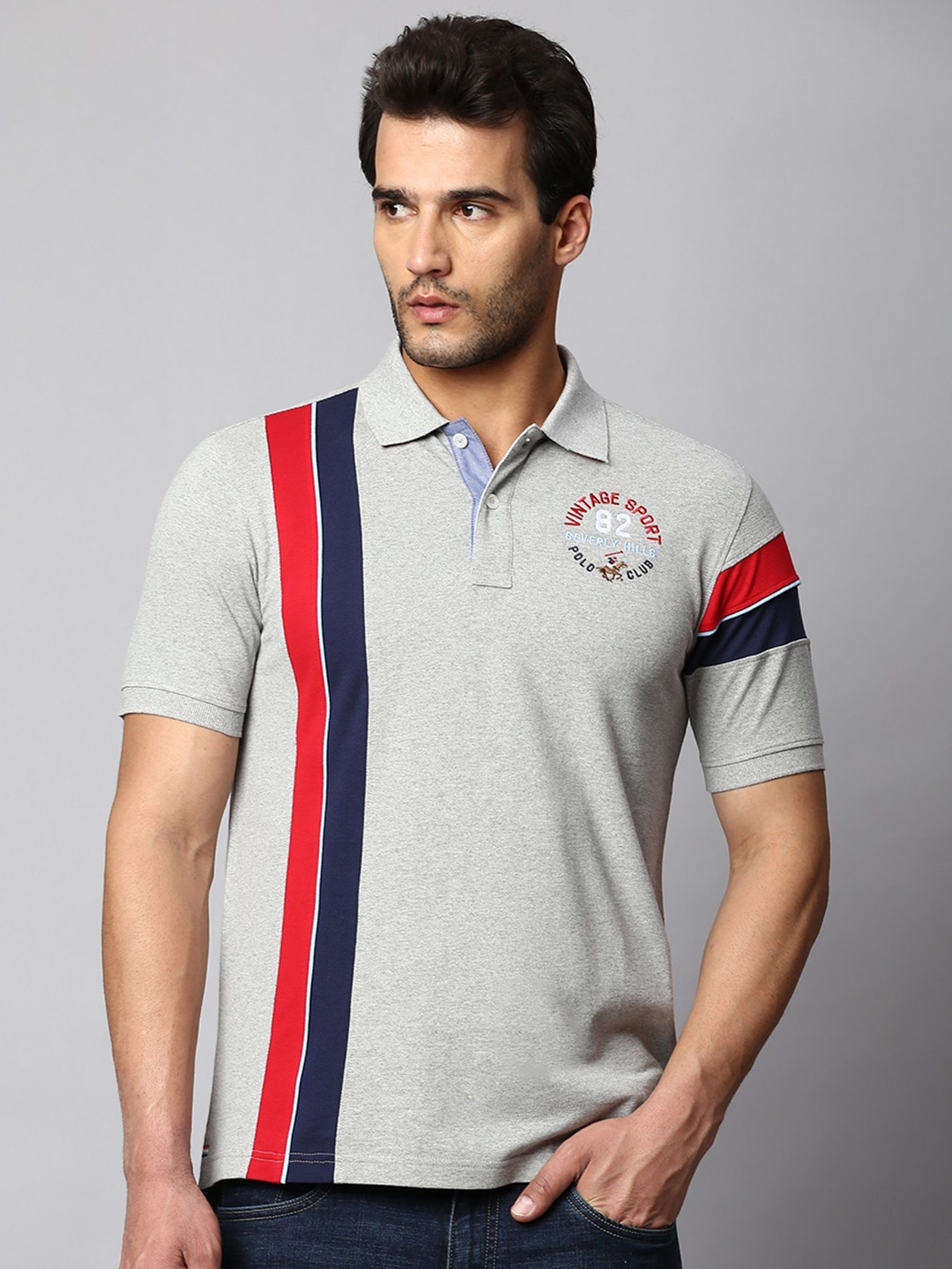 

Beverly Hills Polo Club Striped Polo Collar Pure Cotton T-shirt, Grey