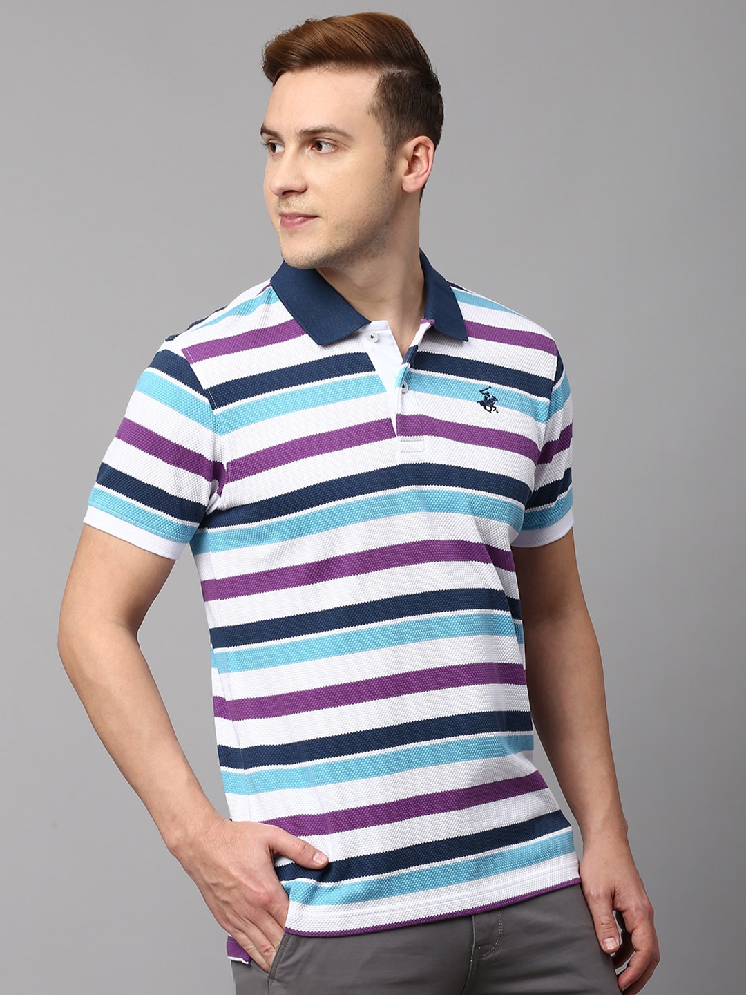 

Beverly Hills Polo Club Striped Polo Collar Pure Cotton T-shirt, Blue