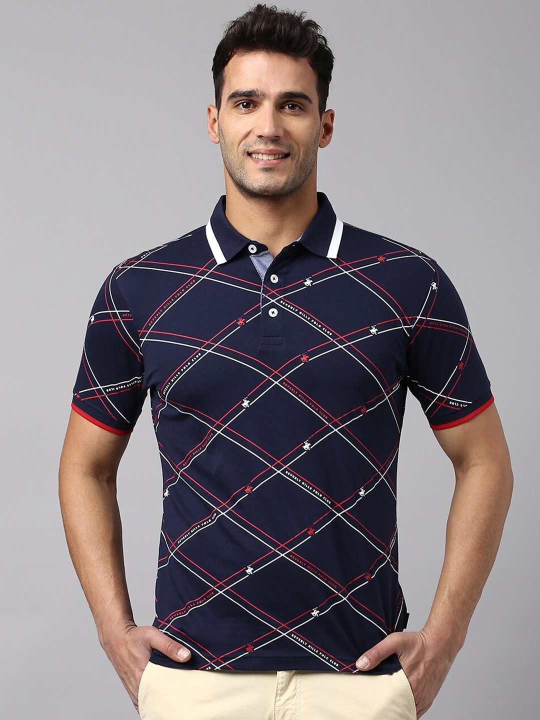 

Beverly Hills Polo Club Checked Polo Collar Pure Cotton T-Shirt, Navy blue