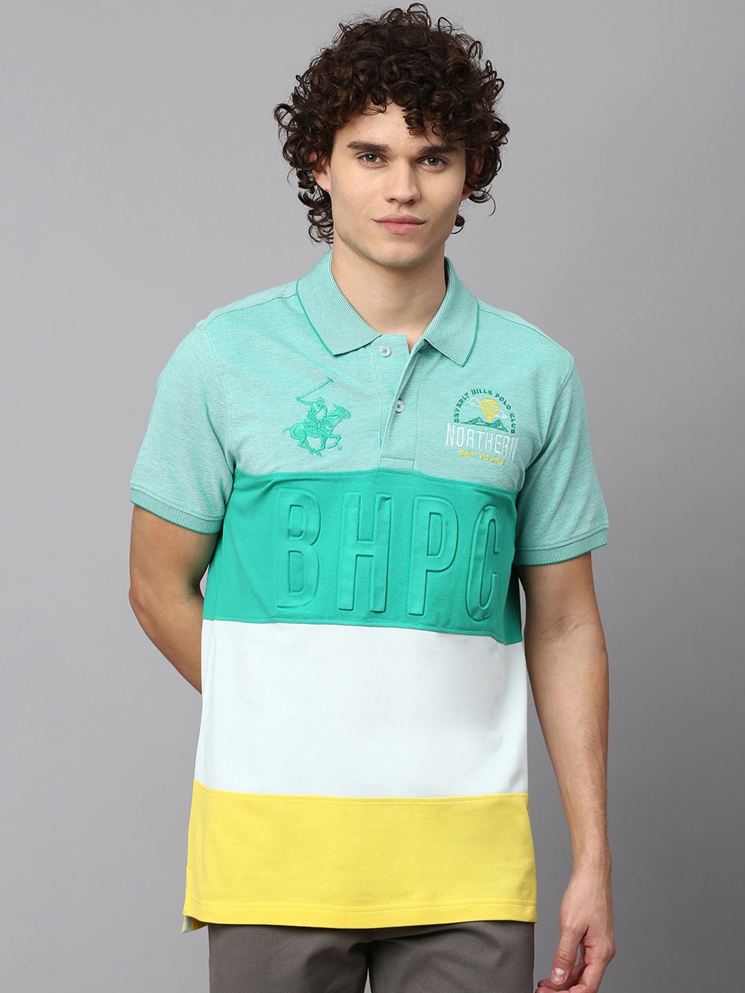 

Beverly Hills Polo Club Colorblocked Polo Collar Pure Cotton T-shirt, Green