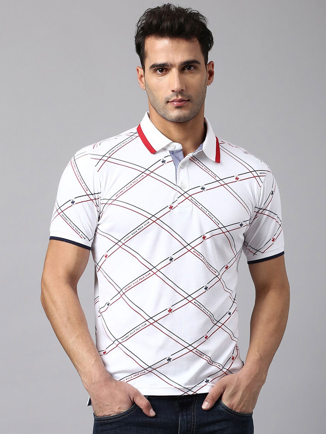 

Beverly Hills Polo Club Striped Polo Collar T-shirt, White