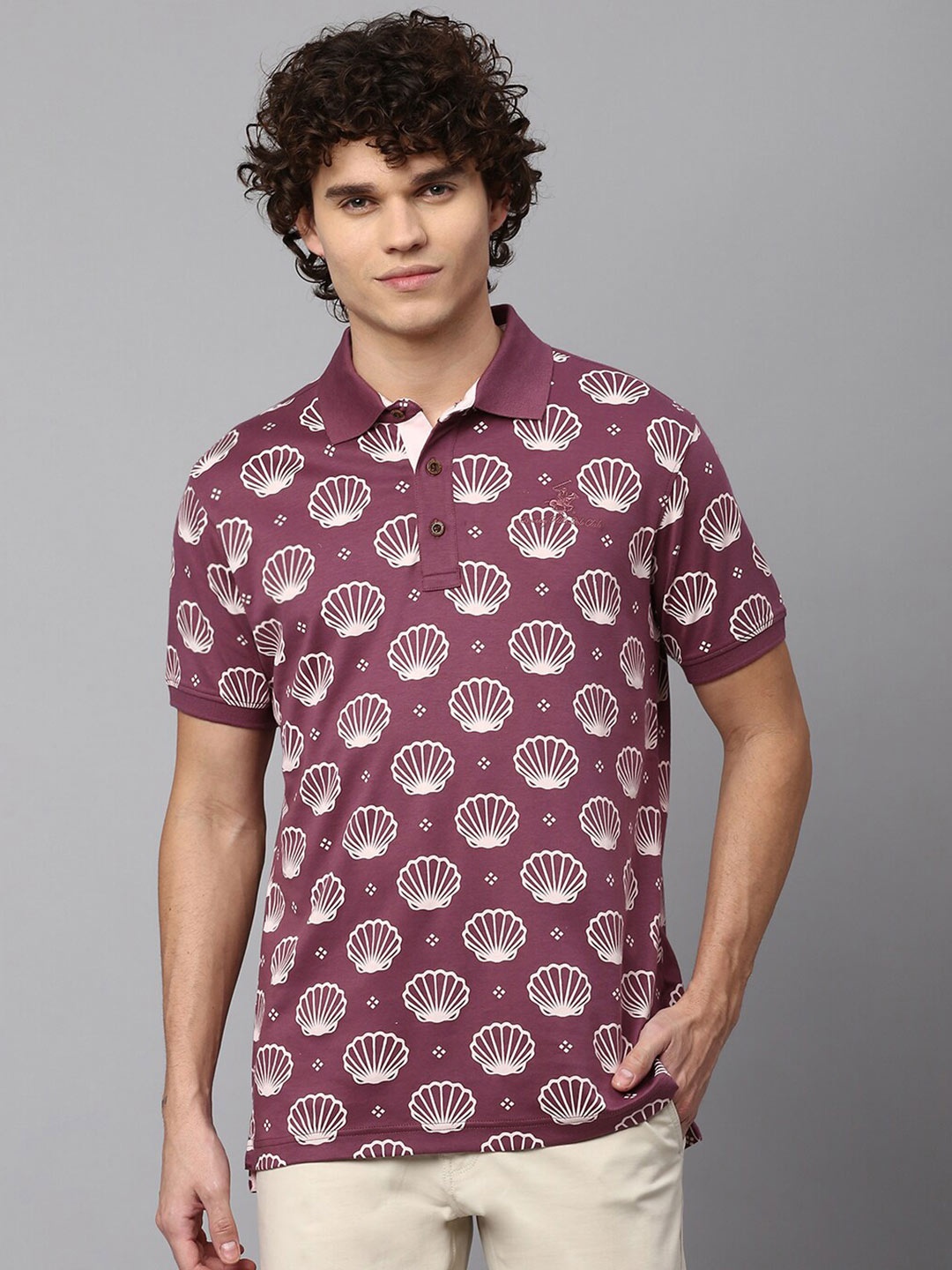 

Beverly Hills Polo Club Conversational Printed Polo Collar Pure Cotton T-shirt, Purple