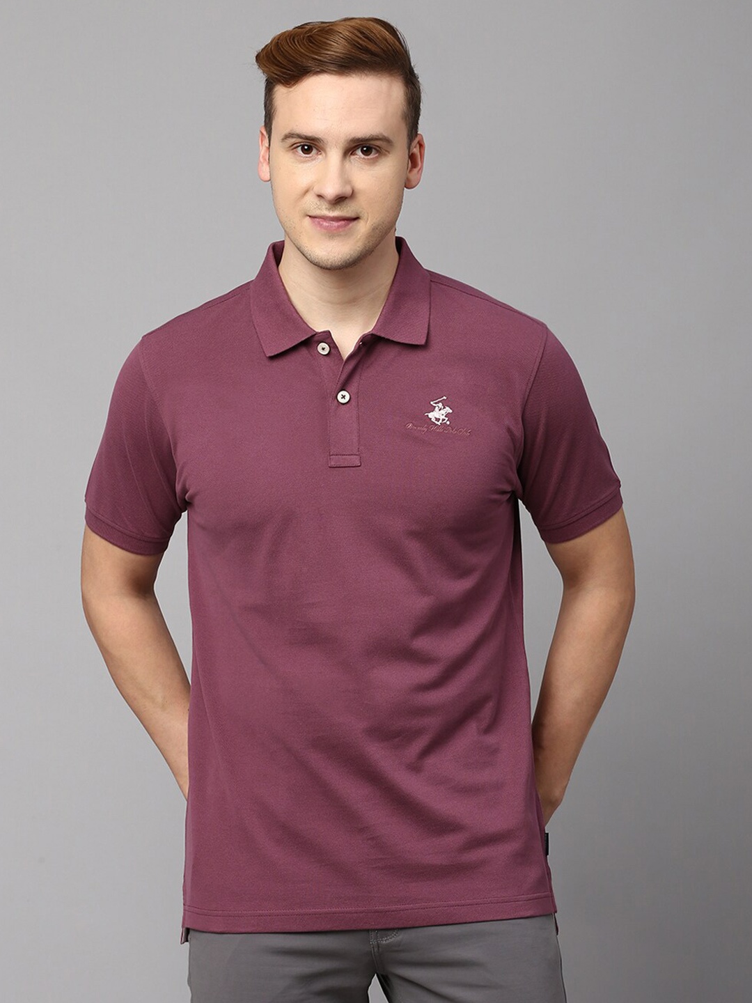 

Beverly Hills Polo Club Men Polo Collar Pure Cotton T-shirt, Purple