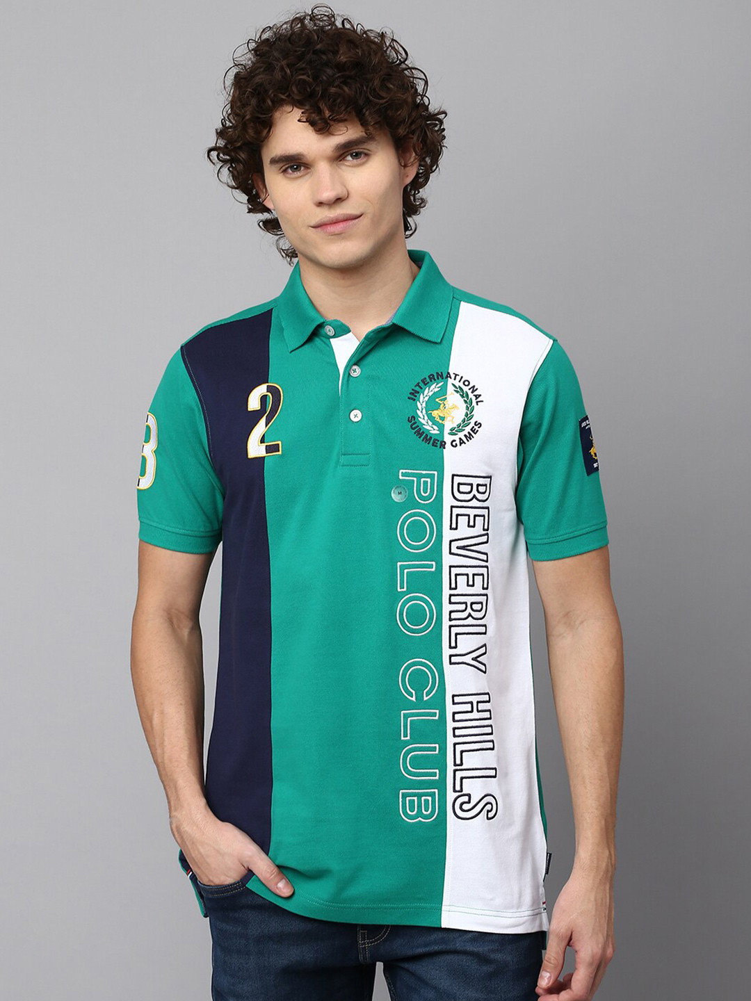 

Beverly Hills Polo Club Colourblocked Polo Collar Pure Cotton T-shirt, Green