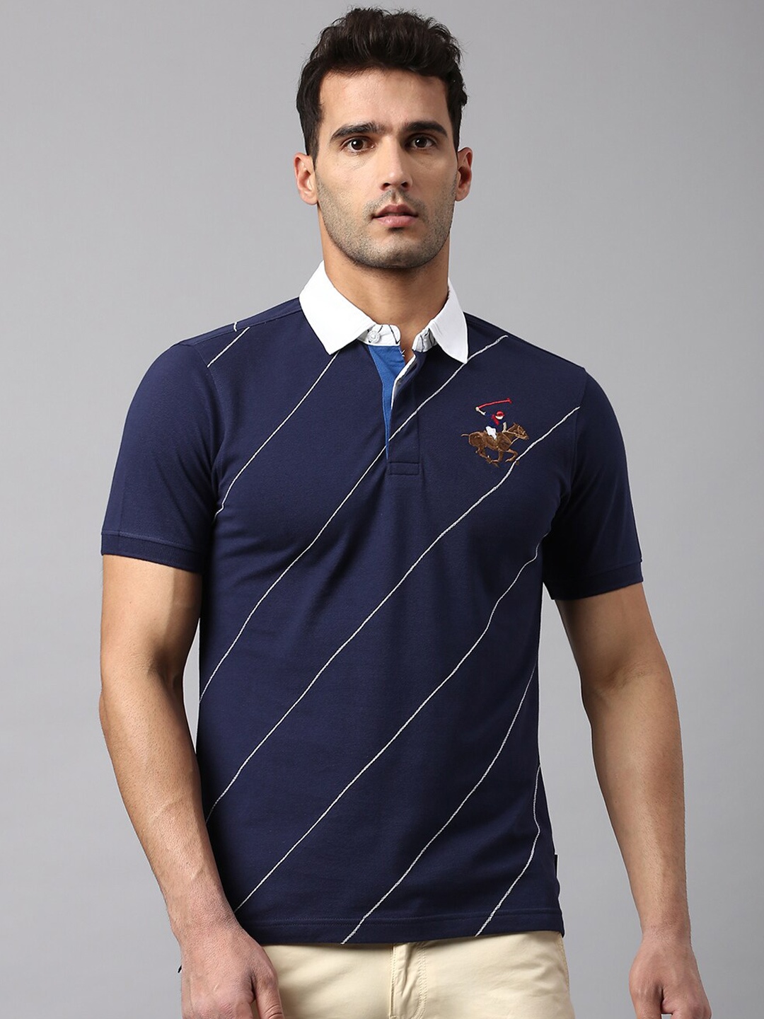 

Beverly Hills Polo Club Striped Polo Collar Pure Cotton Slim Fit T-shirt, Navy blue